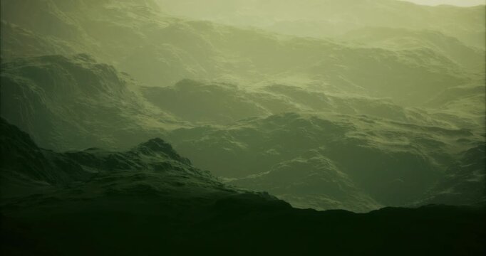 Layers of softly rolling hills stretch across the landscape, enveloped in a green hue. The gentle mist adds a dreamlike quality, invoking a sense of peace and tranquility in nature.
