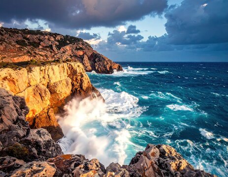 Dramatic Coastal Scene with Waves Crashing Against Rugged Cliffs - Powered by Adobe