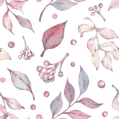 A watercolor seamless pattern with purple and pink leaves and berries. Branches with leaves and rowan and chokeberry berries. Hand-drawn print for wrapping paper, textiles, backgrounds, and wallpaper.