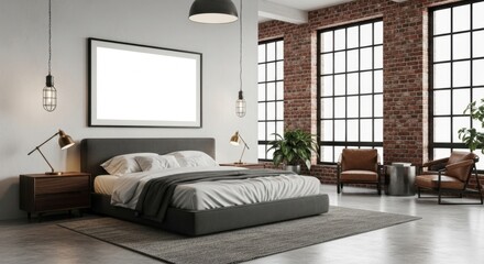 Modern industrial bedroom with large windows and minimalist decor emphasizing natural light and