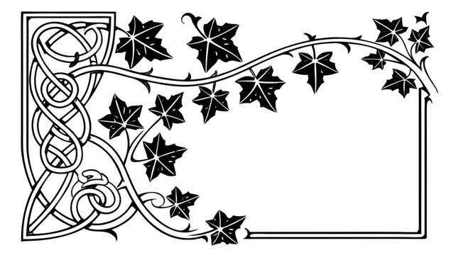 Celtic Knot Ivy Border Frame Vector Silhouette, A monochrome decorative border frame with intricate Celtic knotwork on the corner and intertwining ivy vines