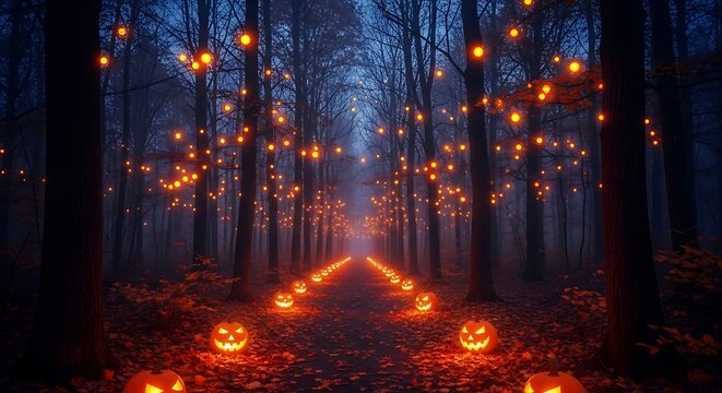 Spooky Halloween Forest Path Lined with Jack-o'- Lanterns and Orange Lights jackolantern - Powered by Adobe