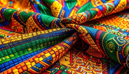 High-Resolution African Kente Fabric Close-up with Vibrant Traditional Patterns. Cultural Heritage for Black Awareness Day.