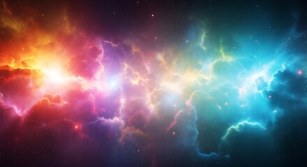 Colorful cosmic nebula cloudscape with vibrant hues of orange, purple, blue, and green in deep space