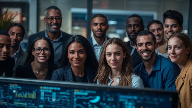 Dynamic team celebrating business growth with data analytics, radiating success and teamwork in a modern workspace, fostering trust and innovation together