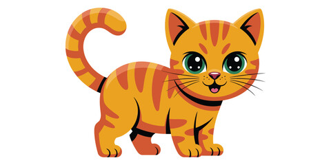Cute cartoon orange tabby kitten with big green eyes, happy expression