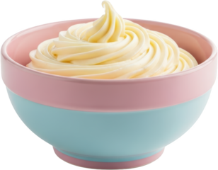 A creamy swirl of soft serve ice cream fills a pink and blue ceramic bowl showcasing delicious dairy dessert with a smooth texture and sweet appeal frozen food treat cold