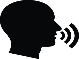 Silhouette of a human head profile with sound waves emanating from the mouth representing speech or communication