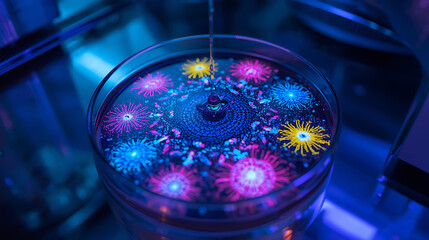Liquid surface tension creates colorful patterns in petri dish under blue light, showcasing scientific experiment with vibrant colors and mesmerizing effect.