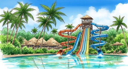 A vibrant water park scene with slides, palm trees, and tropical huts creating a fun and exciting vacation destination