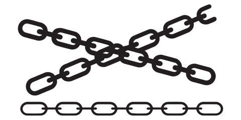 Chain silhouette collection, black and white vector, link structure icons, curved chain design, industrial element set, metal connection illustration