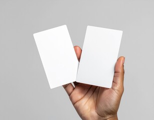 Fototapeta premium Two Blank White Tickets Held Between Fingers Against Clean Solid Background – Minimal Mockup Composition