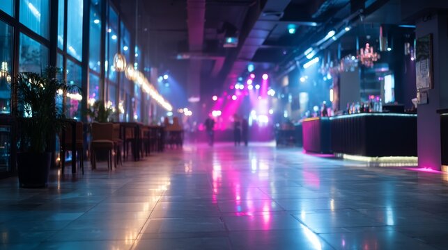 Vibrant nightclub scene with colorful neon lights reflecting on polished dance floor, lively atmosphere with a mix of blue and pink hues, wideangle shot capturing a dynamic entertainment space with c