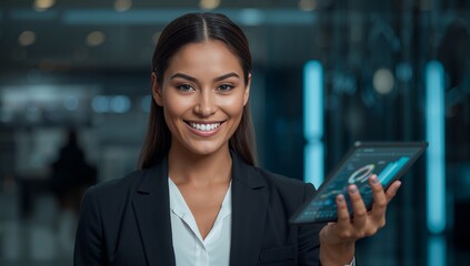 Confident businesswoman presents data insights on her tablet, a modern professional showcasing success in a sleek office environment with a winning smile