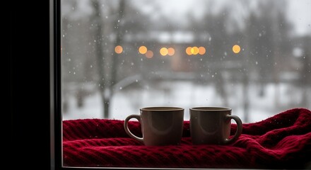 Cozy Winter Window Scene with Two Mugs and Snowfall image whisk