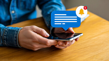 Mobile notification concept with smartphone in hand showing message alert and digital icons on wooden table background