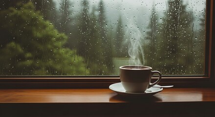 Cup of hot coffee on a windowsill with rain drops on the window steaming