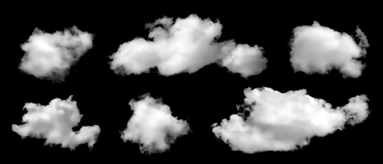 Realistic isolated cloud collection on a black background, ideal for sky overlays, weather design, digital effects, and atmospheric elements in professional graphic, multimedia, and creative projects.