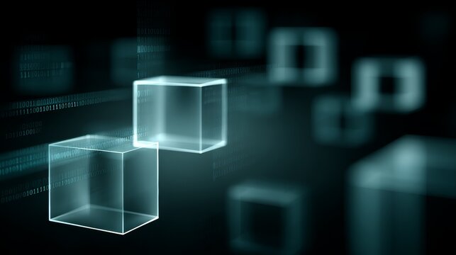 Futuristic 3d render of illuminated interconnected cubes symbolizing encrypted data transmission over a dark technological background with binary overlays and space for copy