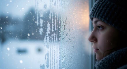 Pensive woman gazes out a frosty window on a snowy winter day.