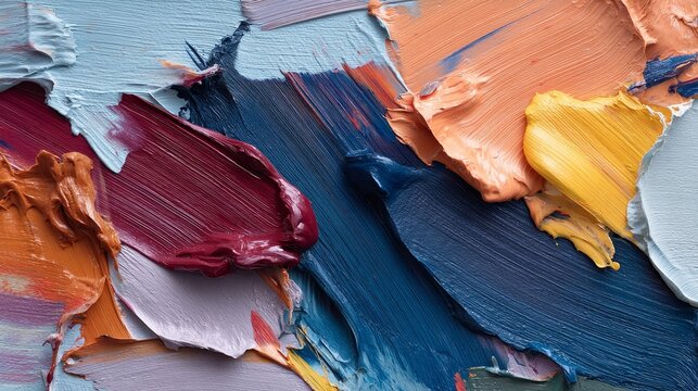 Closeup of bold, textured oil brushstrokes in vibrant reds blues and yellows on canvas abstract art with diagonal movement and thick layered paint background