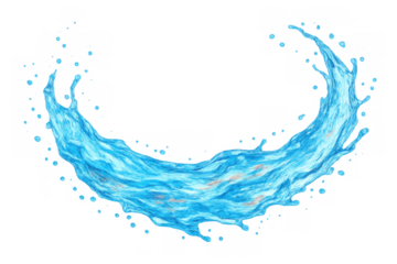 Clear blue water splashing in a dynamic wave shape with many droplets, isolated on transparent background