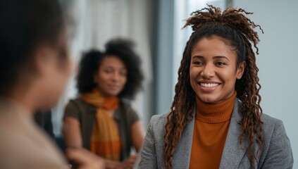 Radiant businesswoman leading a collaborative team meeting in modern office space, fostering growth and innovation with a confident, positive outlook