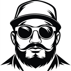Monochrome stylized bearded man wearing sunglasses and cap looks forward, making an interesting graphic