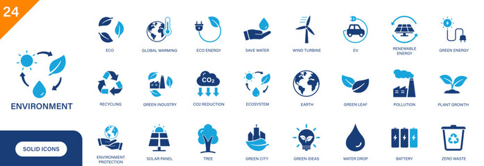 Environment icon. Including renewable energy, ecosystem, EV, green energy, ecology. Solid vector icon set.