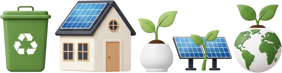 Fototapeta premium Green recycling bin beside house with solar panels plant in pot solar panels and sprout growing from Earth globe Renewable energy Sustainability Ecology Clean energy Environment