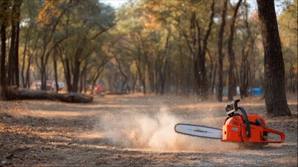 Dynamic action shot of a bright orange chainsaw cutting through a fallen tree branch in a sundappled forest, with sawdust flying and natural textures creating energetic movement and outdoor atmospher