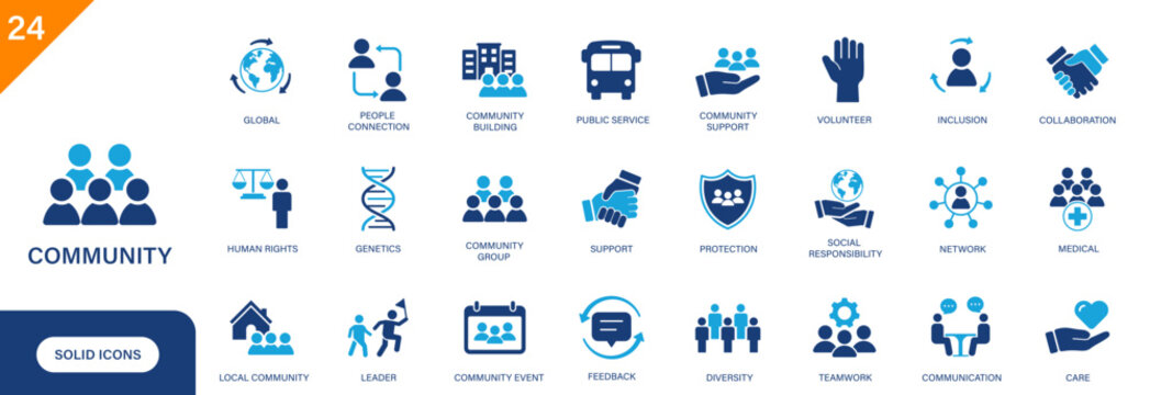 Community icon. Including people, groups, public service, volunteer, connecting people. Solid vector icon set.