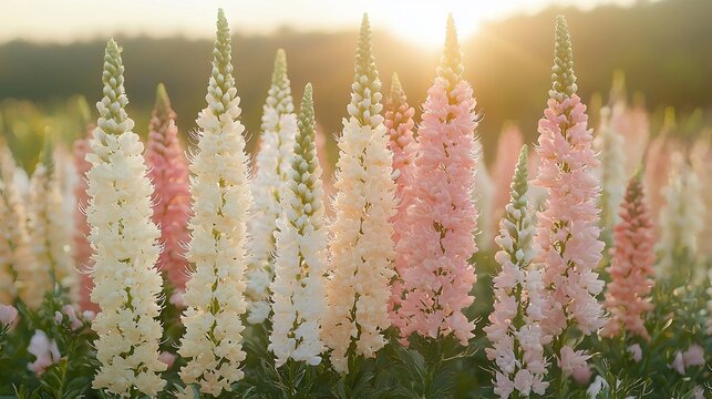 Enchanting botanical garden scene featuring vibrant pink and white Culver's Root flowers in full bloom, illuminated by the warm glow of the setting sun, creating a serene and picturesque landscape