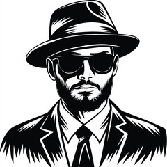 Stern man in fedora and sunglasses is wearing a formal suit artfully presented