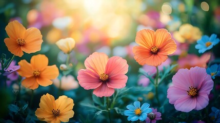 Enchanting botanical garden scene featuring a vibrant array of cosmos flowers in full bloom, creating a colorful and captivating floral display under soft, diffused sunlight