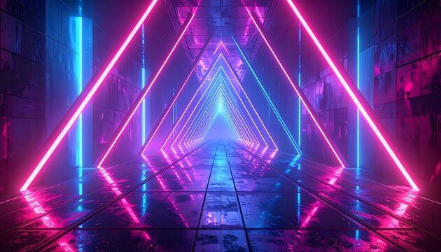 A futuristic tunnel with tiled floor and weathered walls, illuminated by neon pink and blue triangle-shaped lights. The perspective creates depth