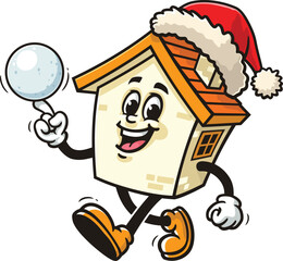 Cartoon house mascot playing snowballs and wearing a Christmas hat
