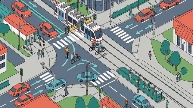 Isometric Cityscape with Tram, Cars, and Pedestrians at a Busy Intersection.