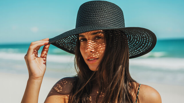 Woman wearing a wide brimmed black hat on a sunny beach