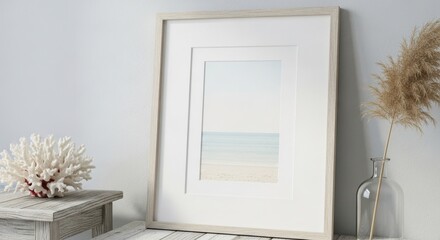 Minimalist coastal landscape artwork in a sleek white frame for modern home decor