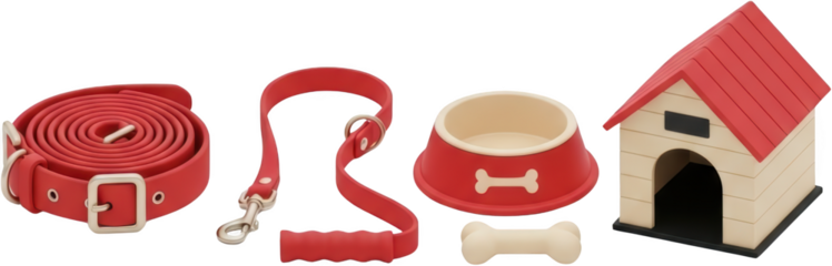A collection of red dog accessories including a rolled up leash a flexible leash with a handle a dog bowl with a bone design and a miniature dog house collar pet kennel canine