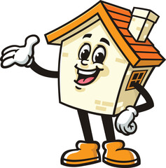 Cartoon house mascot with welcoming pose