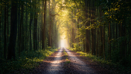 Fototapeta premium Discover the vibrant green forest path bathed in stunning sunlight for your project