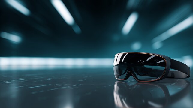 Sleek black virtual reality headset resting on futuristic reflective tabletop with digital grid reflections in blurred background, emphasizing immersive virtual experience and modern technology - Powered by Adobe
