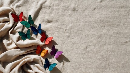 Fototapeta premium Colorful faux butterflies spread across textured beige canvas with soft lighting and sparse copy space for artistic or commercial use