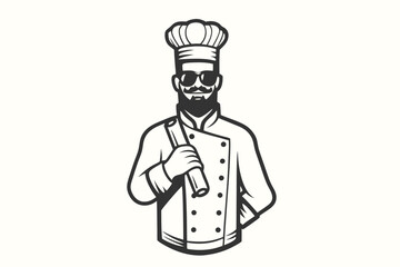 Monochrome chef with mustache and glasses confidently holds a cooking tool in his professional attire
