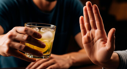 Hand Rejecting a Glass of Alcoholic Beverage Offered by a Blurred Person, Symbolizing Anti-Alcoholism