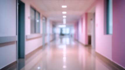 Soft pastel blurred medical corridor with calm atmosphere and empty space for copy in healthcare environment