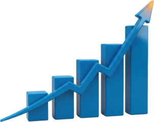3D blue bar chart with upward trend arrow showing increasing growth and success on a transparent background increase statistics business graph financial economic development