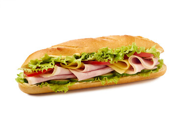 Baked bread filled with meats, Fresh baguette sandwich packed with assorted fillings and vegetables